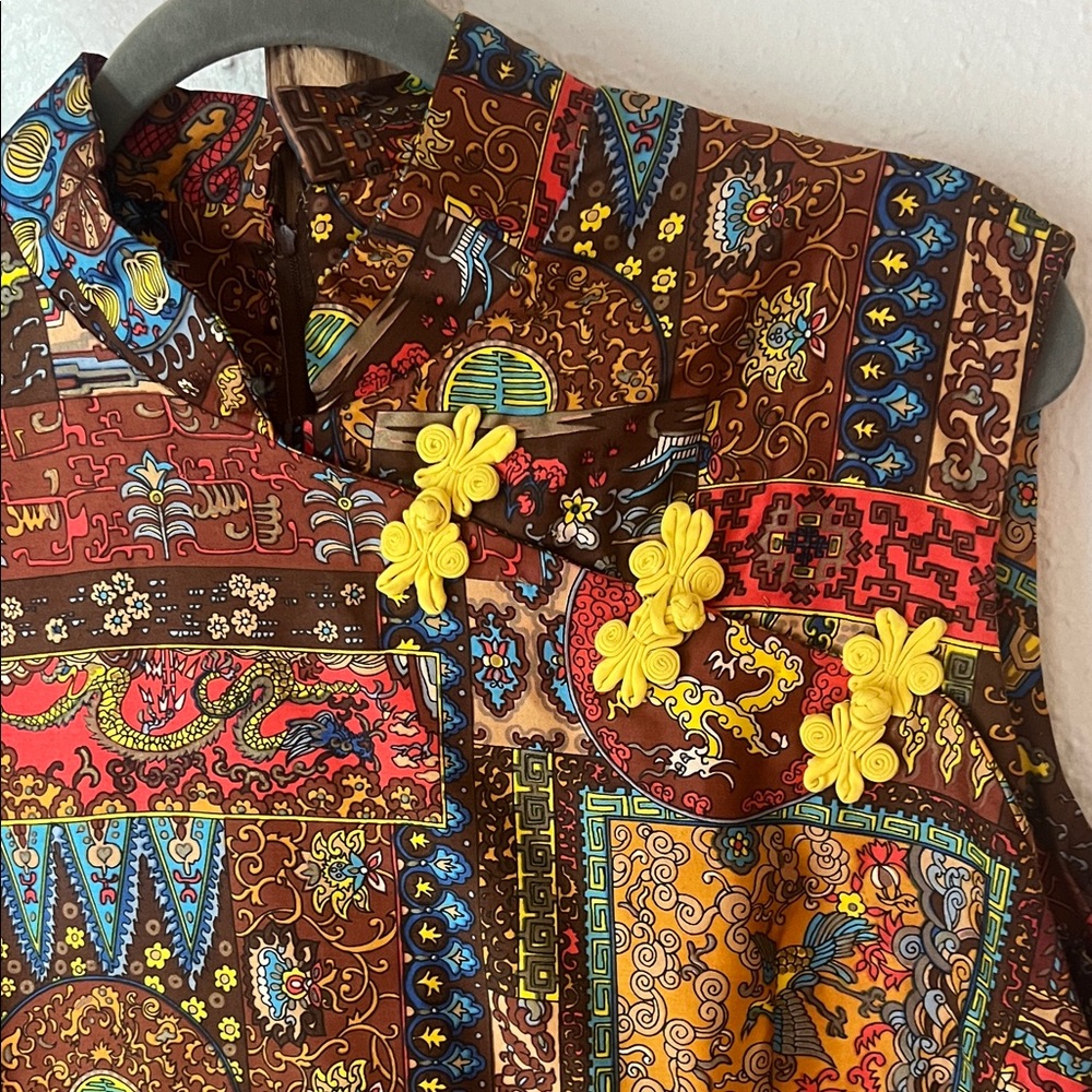 Vintage OOAK Cotton Patchwork Cotton Cheongsam Sleeveless Midi Dress - Picture 2 of 8